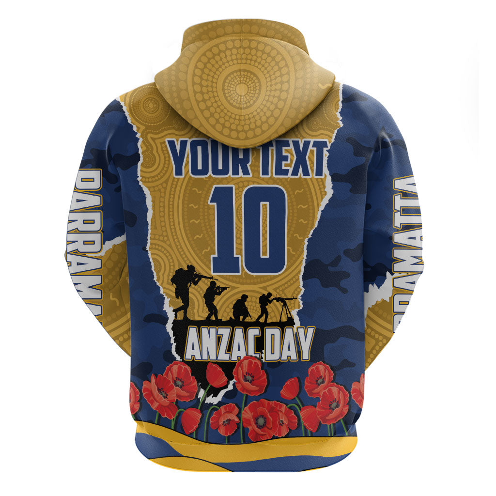 Personalized Parramatta Eels ANZAC Tribute Zip Hoodie Poppy Field Soldier Silhouette Aboriginal Rugby Mascot