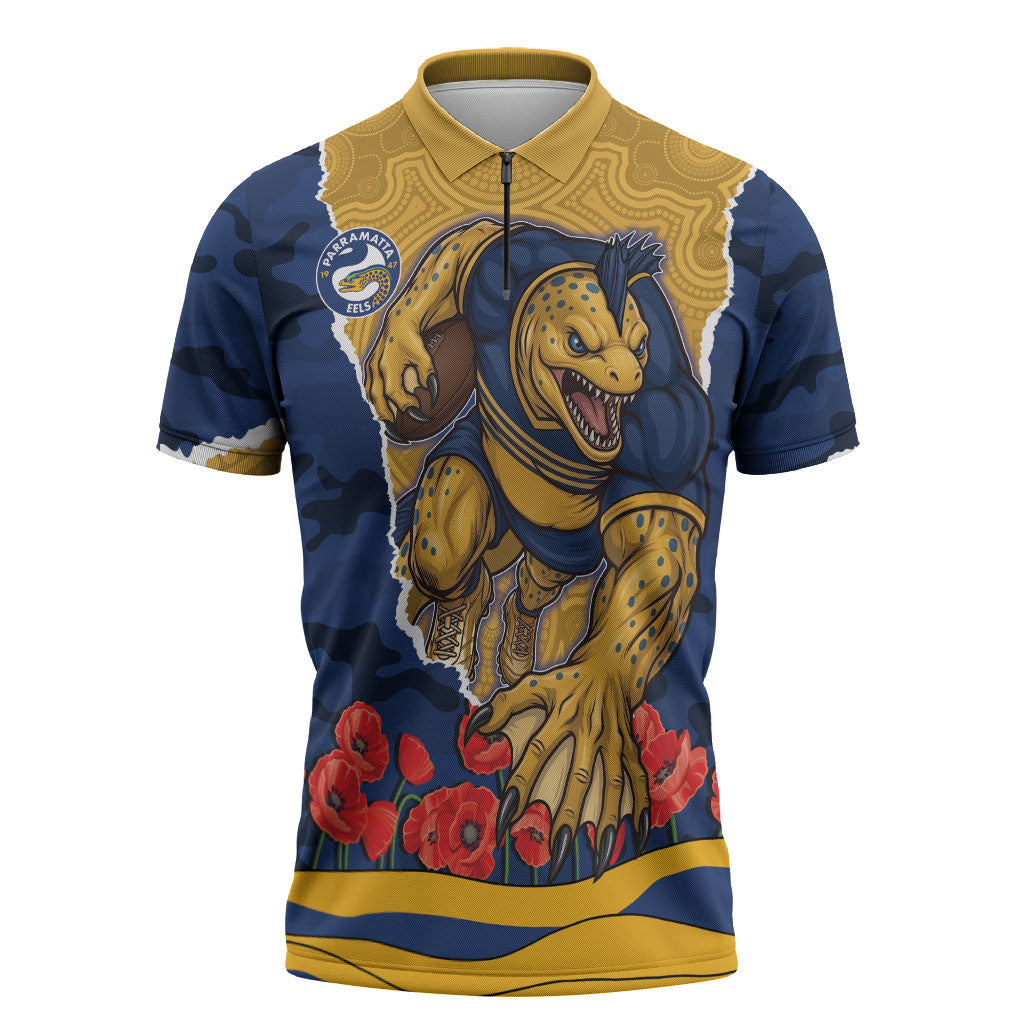 Personalized Parramatta Eels ANZAC Tribute Zipper Polo Shirt Poppy Field Soldier Silhouette Aboriginal Rugby Mascot