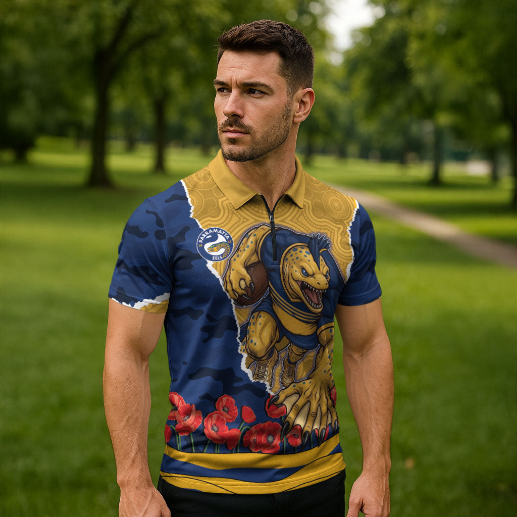 Personalized Parramatta Eels ANZAC Tribute Zipper Polo Shirt Poppy Field Soldier Silhouette Aboriginal Rugby Mascot