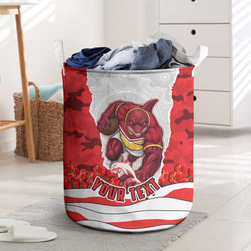 Personalized Dolphins ANZAC Tribute Laundry Basket Poppy Field Soldier Silhouette Aboriginal Rugby Mascot