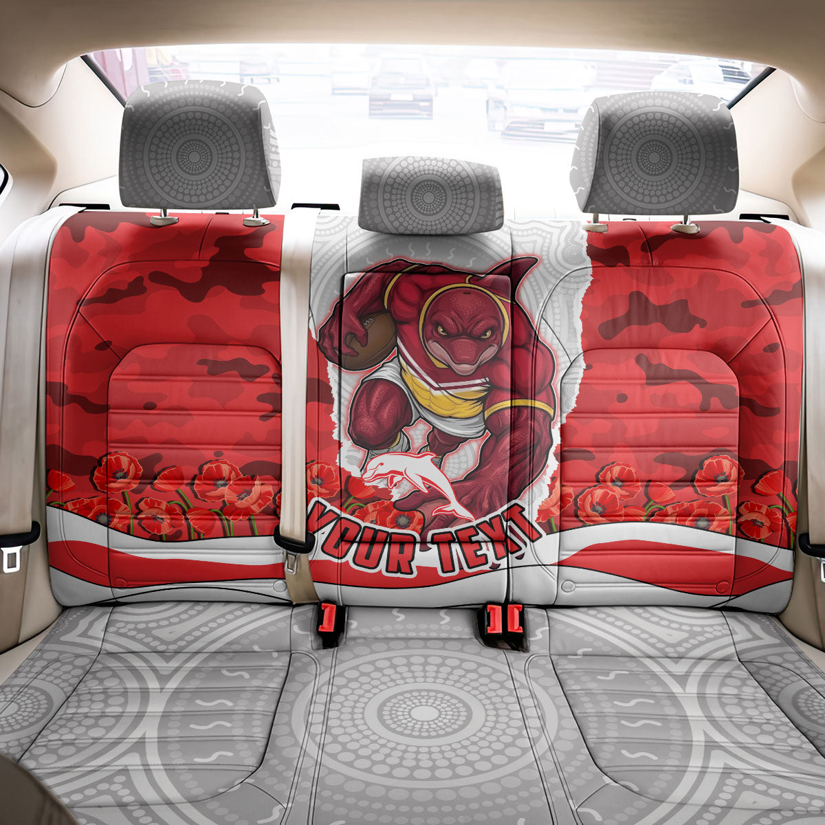 Personalized Dolphins ANZAC Tribute Back Car Seat Cover Poppy Field Soldier Silhouette Aboriginal Rugby Mascot