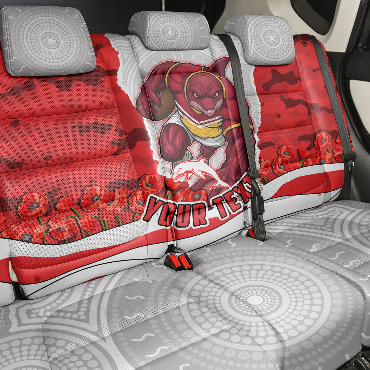 Personalized Dolphins ANZAC Tribute Back Car Seat Cover Poppy Field Soldier Silhouette Aboriginal Rugby Mascot