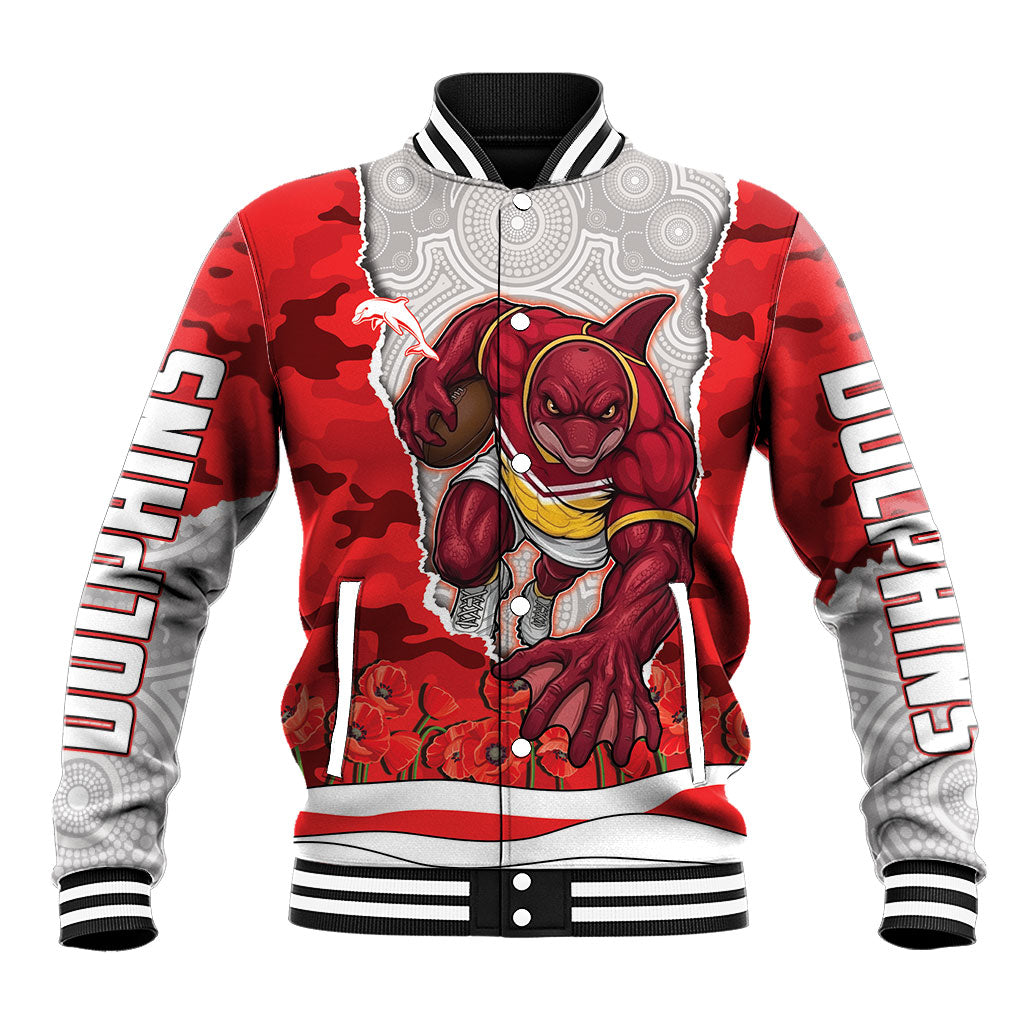 Personalized Dolphins ANZAC Tribute Baseball Jacket Poppy Field Soldier Silhouette Aboriginal Rugby Mascot
