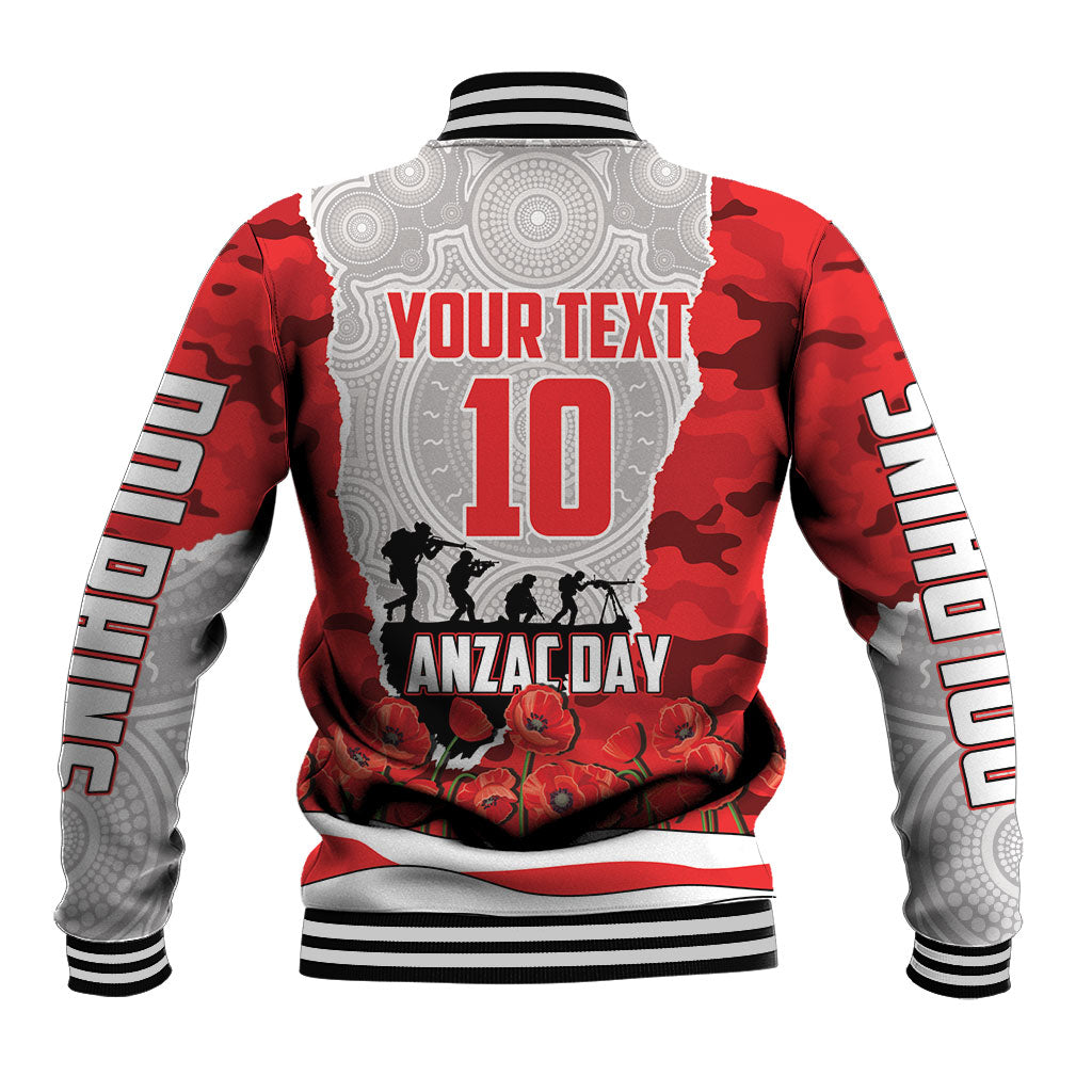 Personalized Dolphins ANZAC Tribute Baseball Jacket Poppy Field Soldier Silhouette Aboriginal Rugby Mascot
