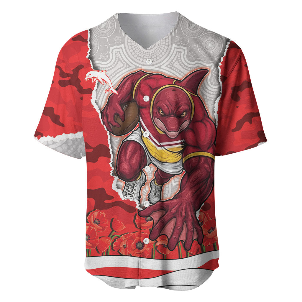 Personalized Dolphins ANZAC Tribute Baseball Jersey Poppy Field Soldier Silhouette Aboriginal Rugby Mascot