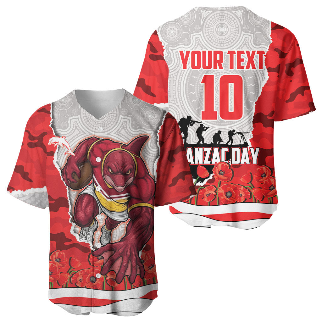 Personalized Dolphins ANZAC Tribute Baseball Jersey Poppy Field Soldier Silhouette Aboriginal Rugby Mascot