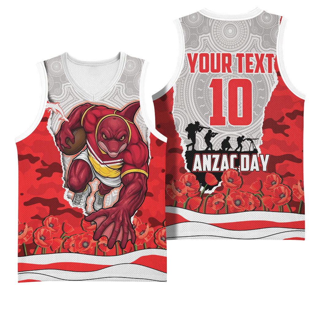 Personalized Dolphins ANZAC Tribute Basketball Jersey Poppy Field Soldier Silhouette Aboriginal Rugby Mascot