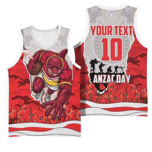 Personalized Dolphins ANZAC Tribute Basketball Jersey Poppy Field Soldier Silhouette Aboriginal Rugby Mascot