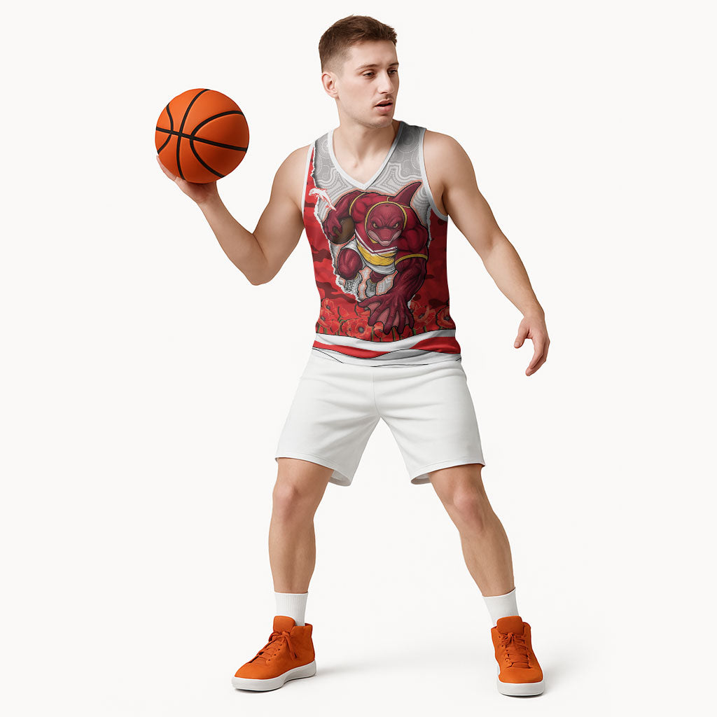 Personalized Dolphins ANZAC Tribute Basketball Jersey Poppy Field Soldier Silhouette Aboriginal Rugby Mascot