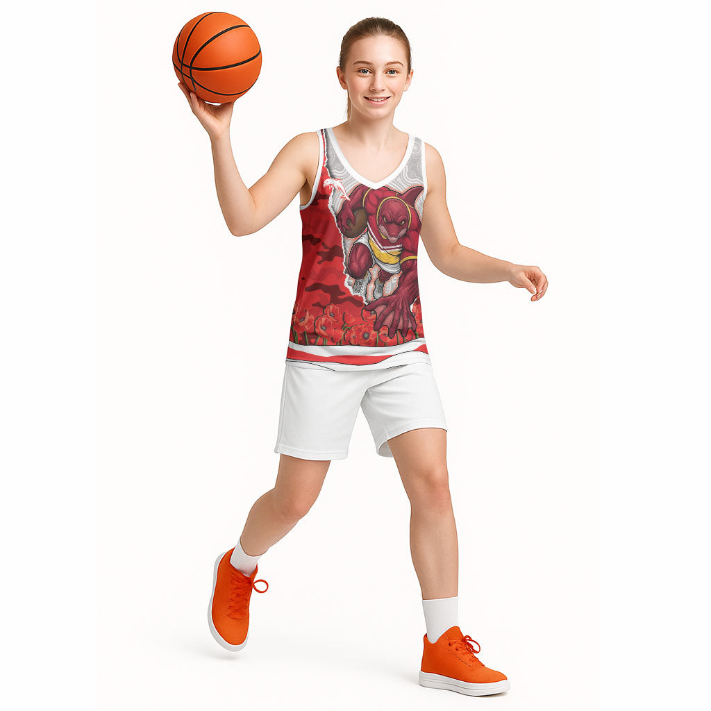 Personalized Dolphins ANZAC Tribute Basketball Jersey Poppy Field Soldier Silhouette Aboriginal Rugby Mascot