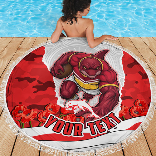 Personalized Dolphins ANZAC Tribute Beach Blanket Poppy Field Soldier Silhouette Aboriginal Rugby Mascot