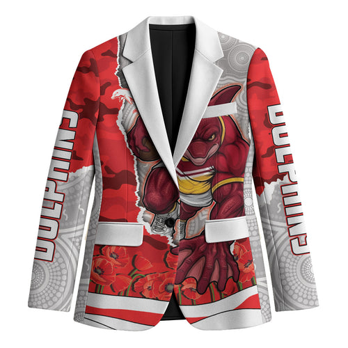 Personalized Dolphins ANZAC Tribute Blazer Poppy Field Soldier Silhouette Aboriginal Rugby Mascot