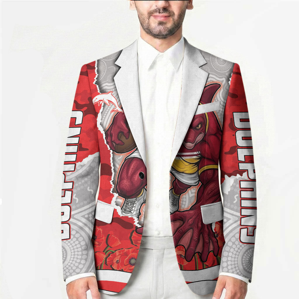 Personalized Dolphins ANZAC Tribute Blazer Poppy Field Soldier Silhouette Aboriginal Rugby Mascot