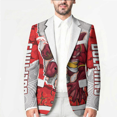 Personalized Dolphins ANZAC Tribute Blazer Poppy Field Soldier Silhouette Aboriginal Rugby Mascot