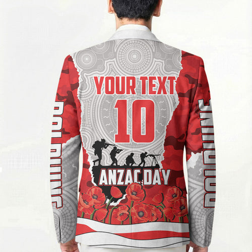 Personalized Dolphins ANZAC Tribute Blazer Poppy Field Soldier Silhouette Aboriginal Rugby Mascot
