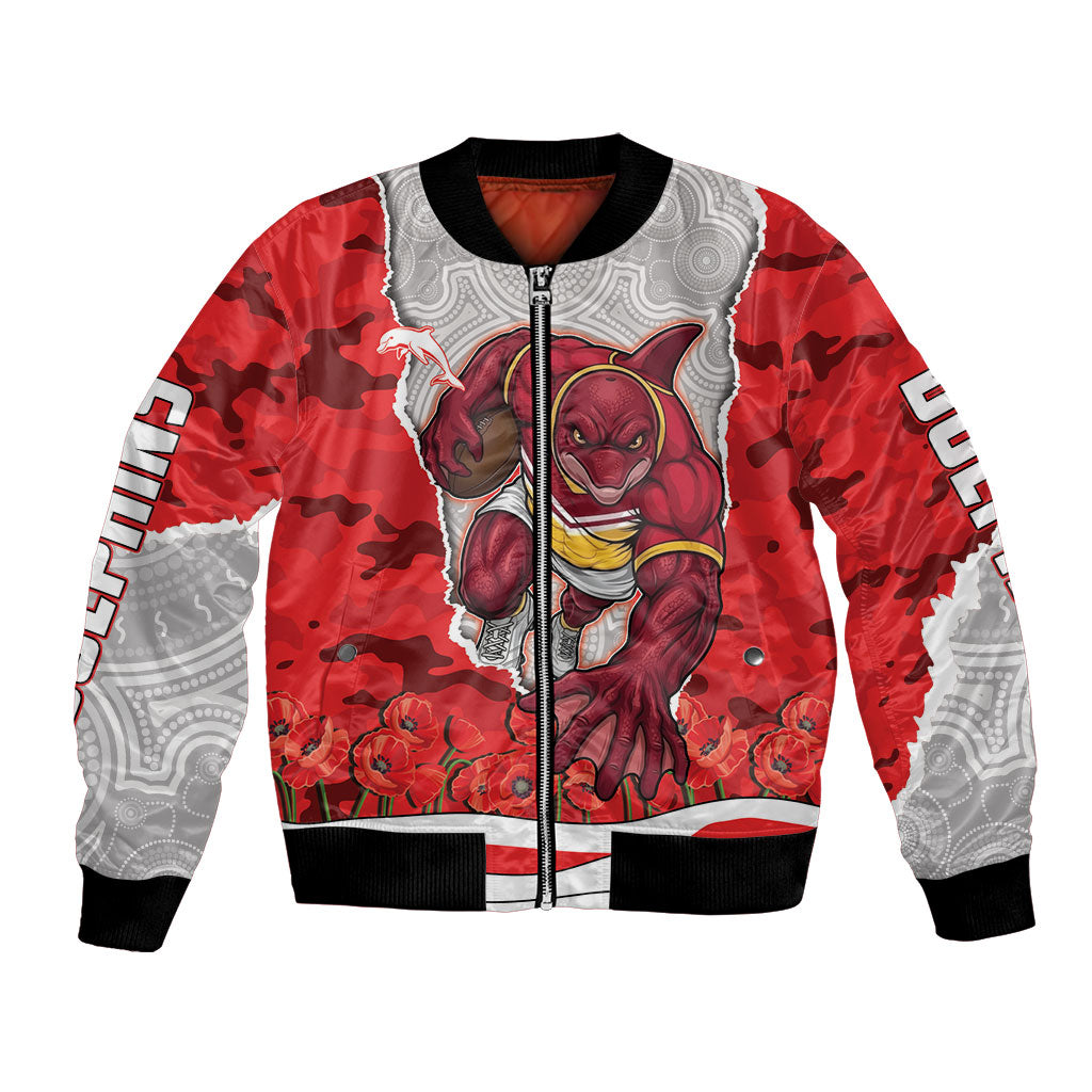 Personalized Dolphins ANZAC Tribute Bomber Jacket Poppy Field Soldier Silhouette Aboriginal Rugby Mascot