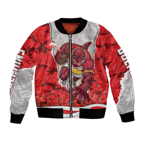 Personalized Dolphins ANZAC Tribute Bomber Jacket Poppy Field Soldier Silhouette Aboriginal Rugby Mascot