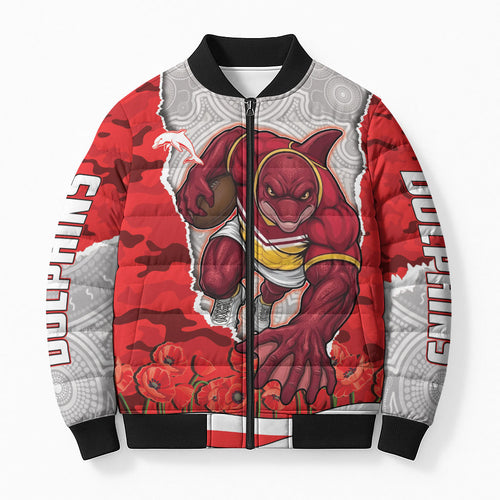 Personalized Dolphins ANZAC Tribute Bomber Puffer Jacket Poppy Field Soldier Silhouette Aboriginal Rugby Mascot
