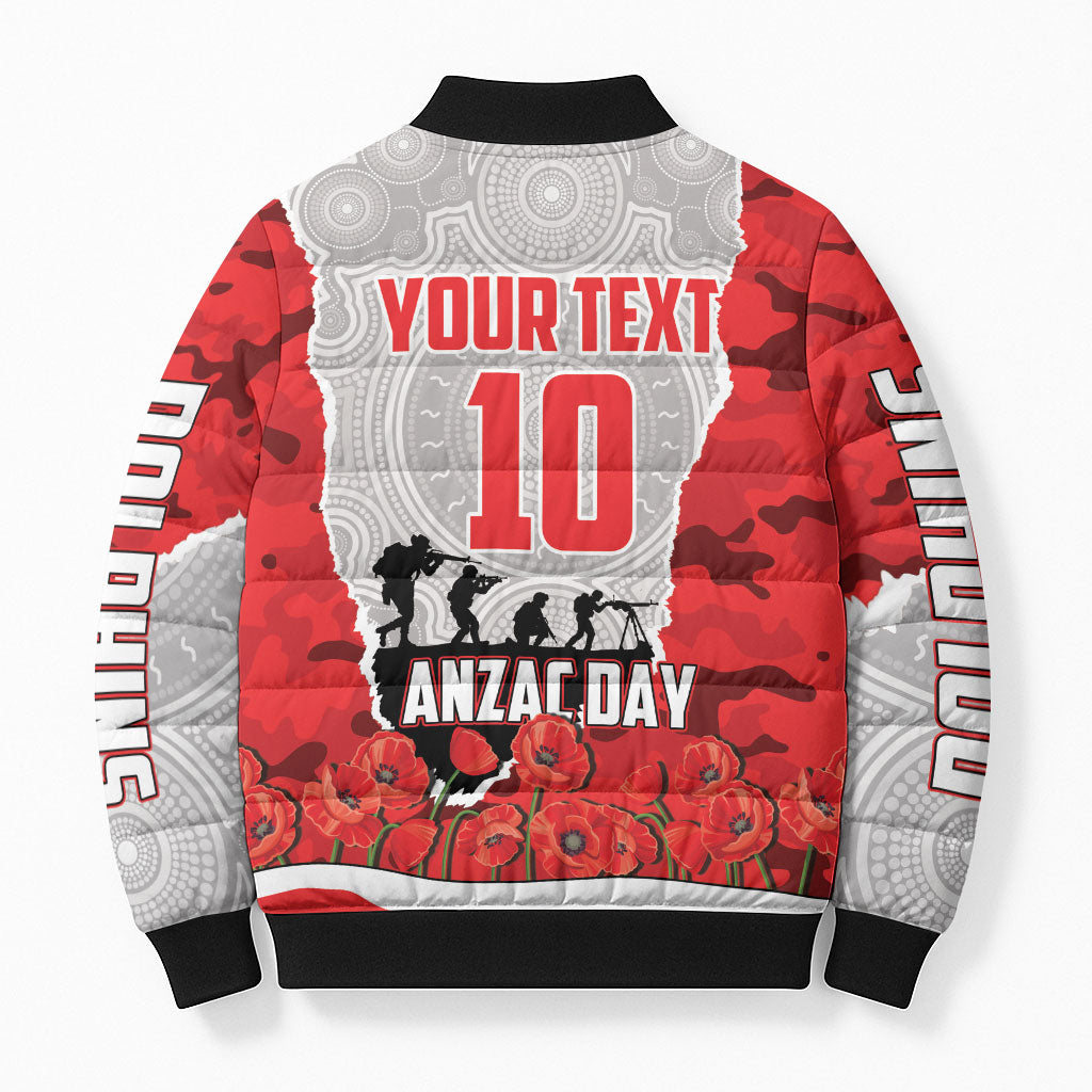 Personalized Dolphins ANZAC Tribute Bomber Puffer Jacket Poppy Field Soldier Silhouette Aboriginal Rugby Mascot