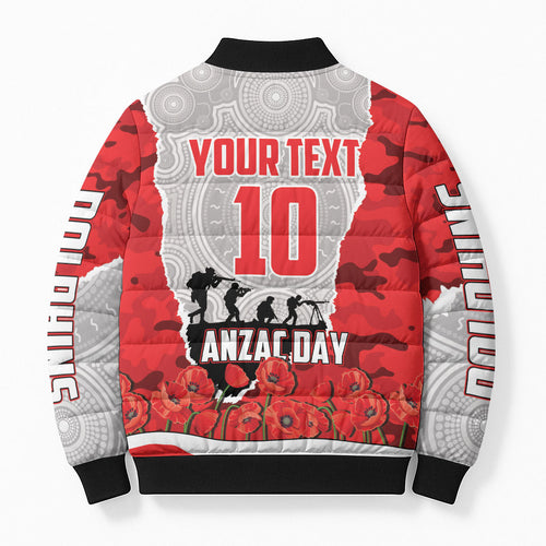 Personalized Dolphins ANZAC Tribute Bomber Puffer Jacket Poppy Field Soldier Silhouette Aboriginal Rugby Mascot