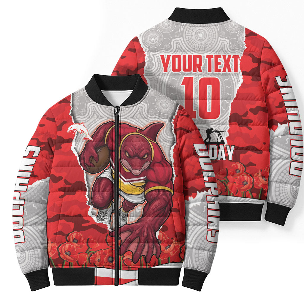 Personalized Dolphins ANZAC Tribute Bomber Puffer Jacket Poppy Field Soldier Silhouette Aboriginal Rugby Mascot