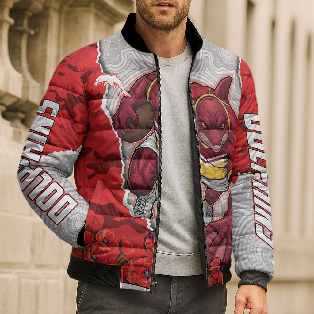 Personalized Dolphins ANZAC Tribute Bomber Puffer Jacket Poppy Field Soldier Silhouette Aboriginal Rugby Mascot