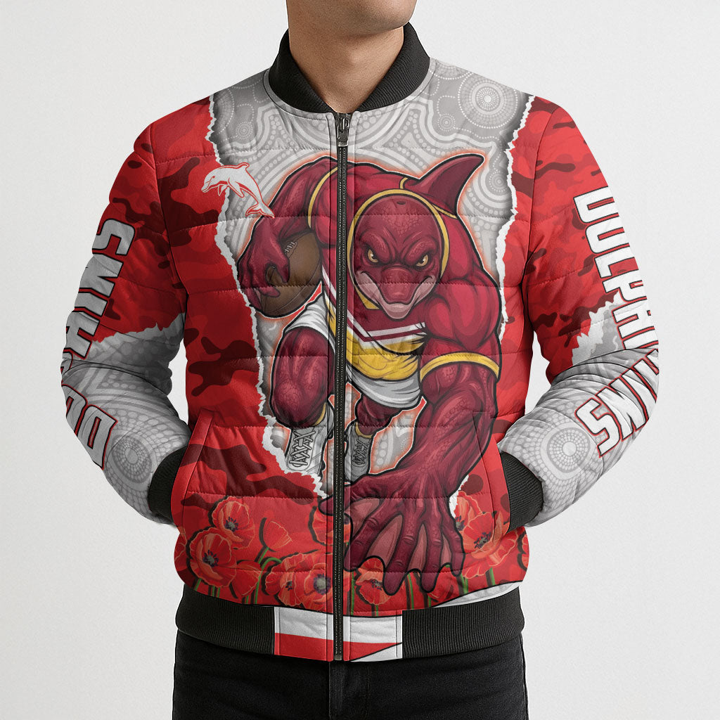 Personalized Dolphins ANZAC Tribute Bomber Puffer Jacket Poppy Field Soldier Silhouette Aboriginal Rugby Mascot