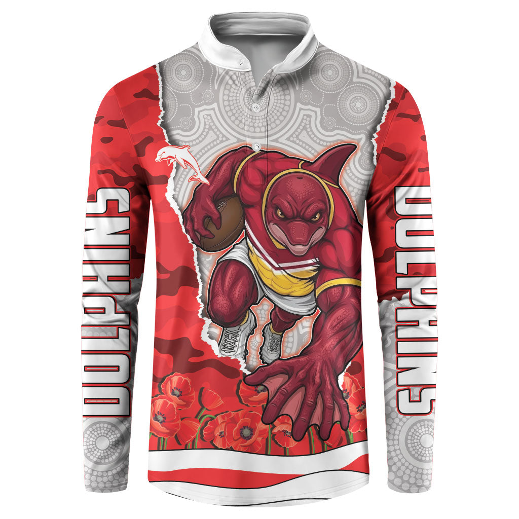 Personalized Dolphins ANZAC Tribute Button Sweatshirt Poppy Field Soldier Silhouette Aboriginal Rugby Mascot