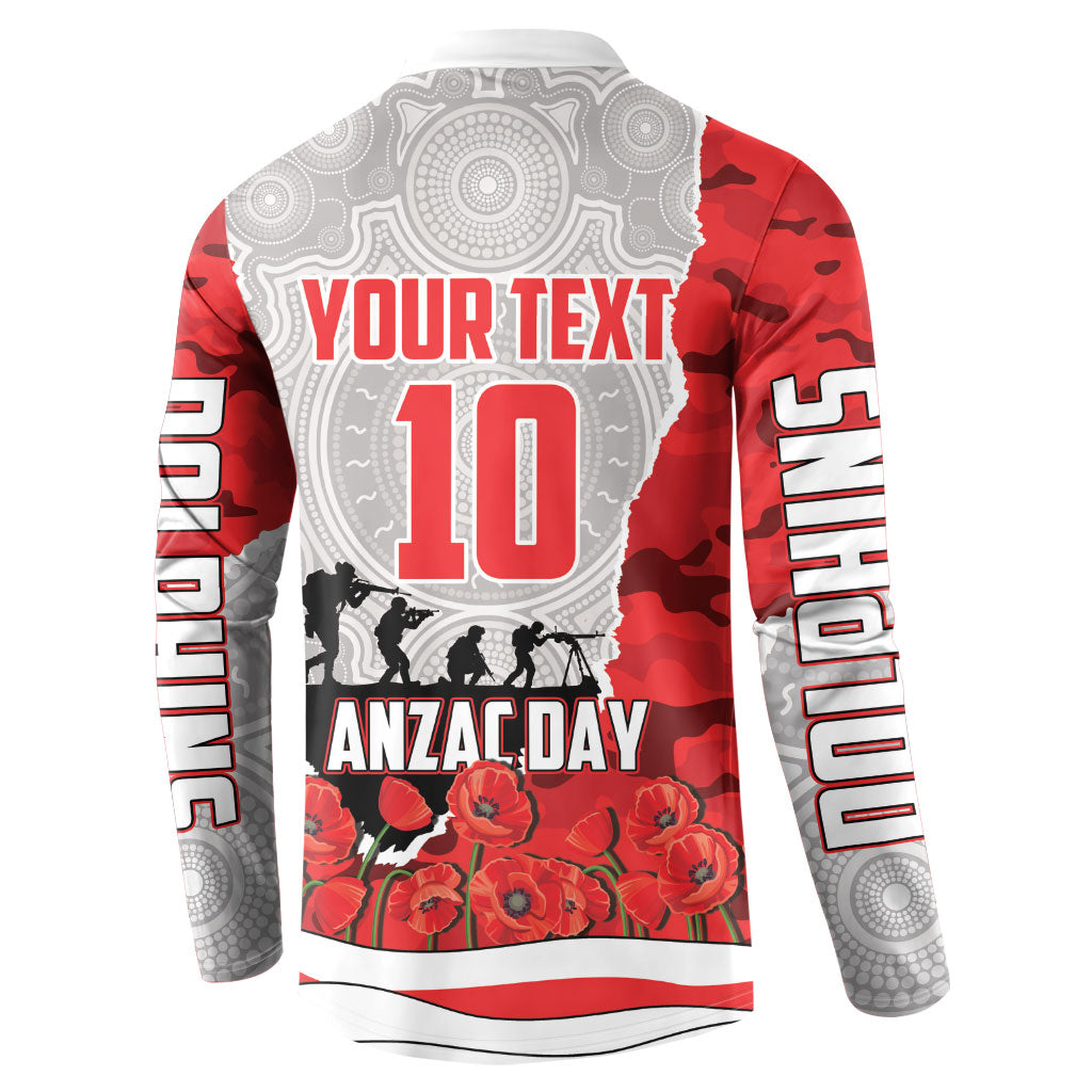 Personalized Dolphins ANZAC Tribute Button Sweatshirt Poppy Field Soldier Silhouette Aboriginal Rugby Mascot