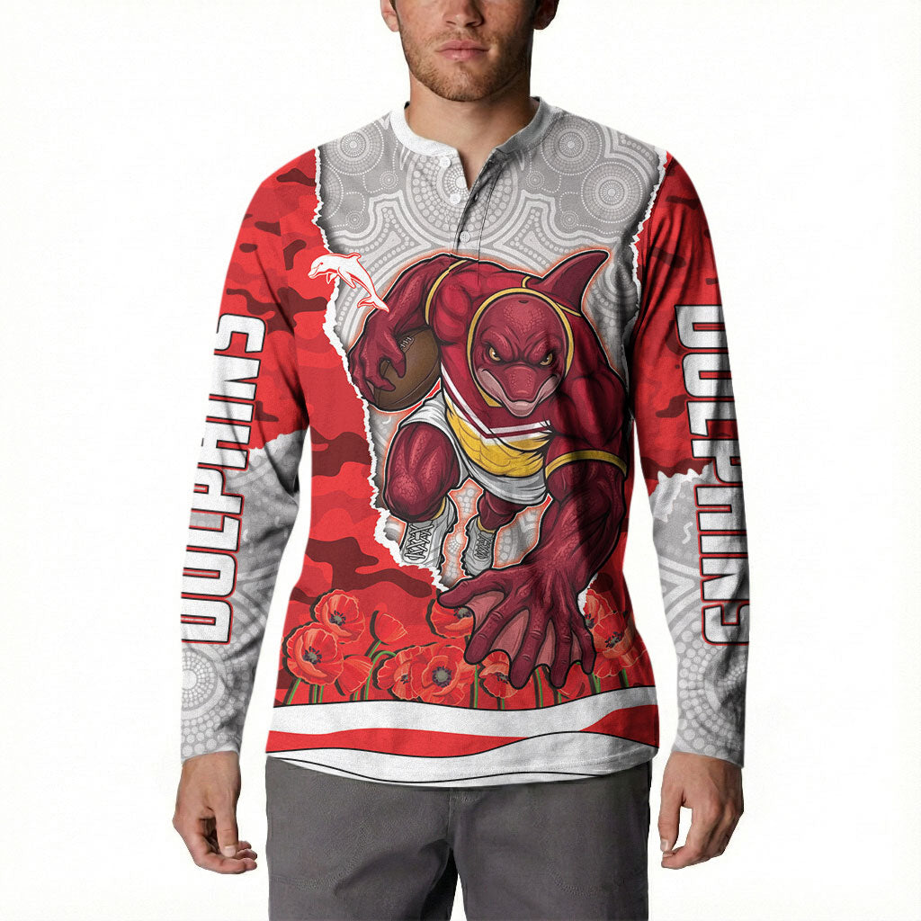 Personalized Dolphins ANZAC Tribute Button Sweatshirt Poppy Field Soldier Silhouette Aboriginal Rugby Mascot