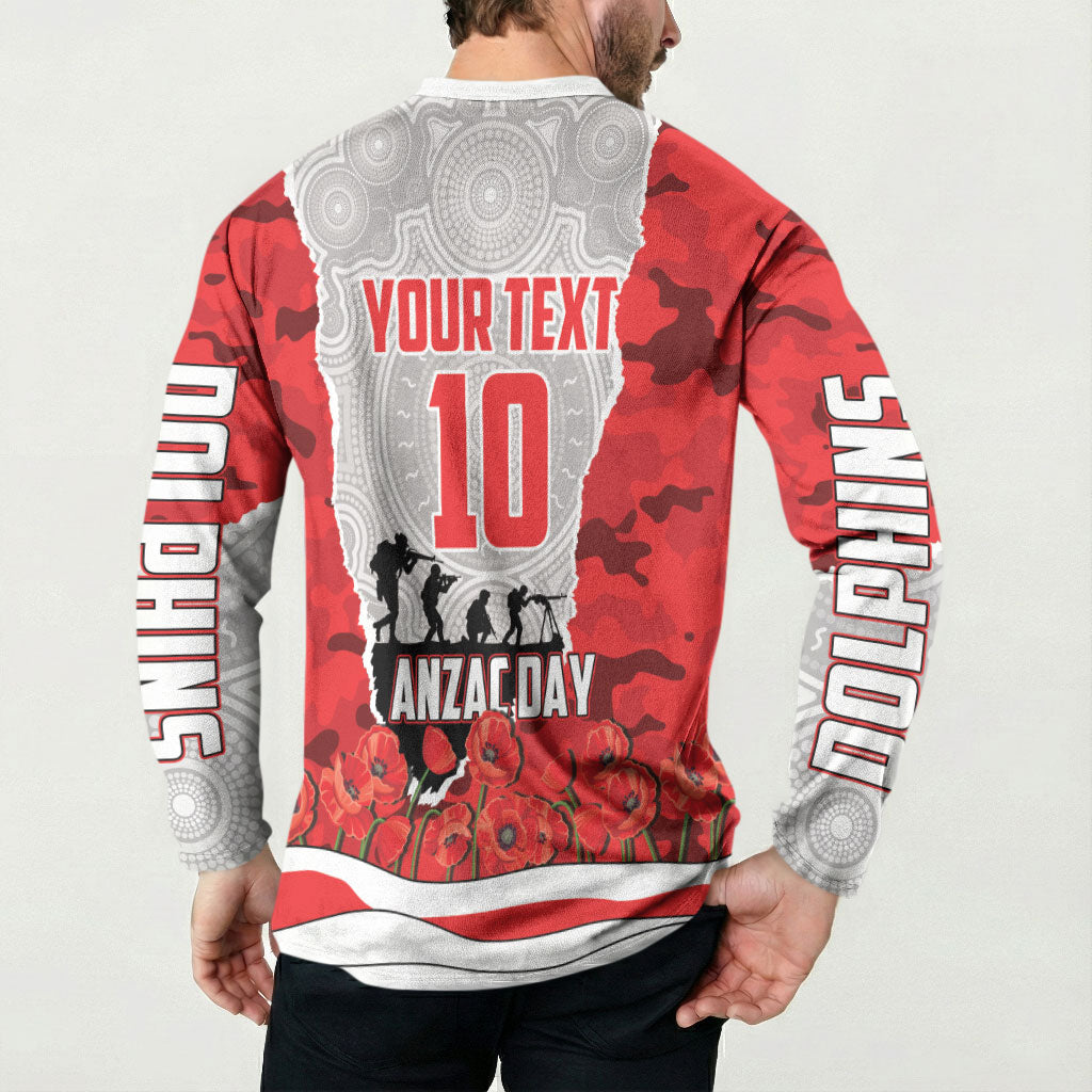 Personalized Dolphins ANZAC Tribute Button Sweatshirt Poppy Field Soldier Silhouette Aboriginal Rugby Mascot