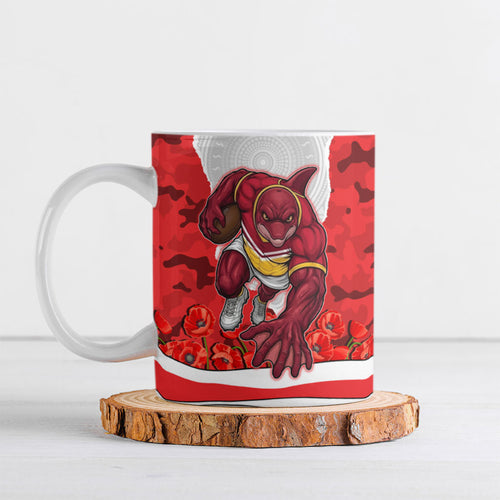 Personalized Dolphins ANZAC Tribute Ceramic Mug Poppy Field Soldier Silhouette Aboriginal Rugby Mascot