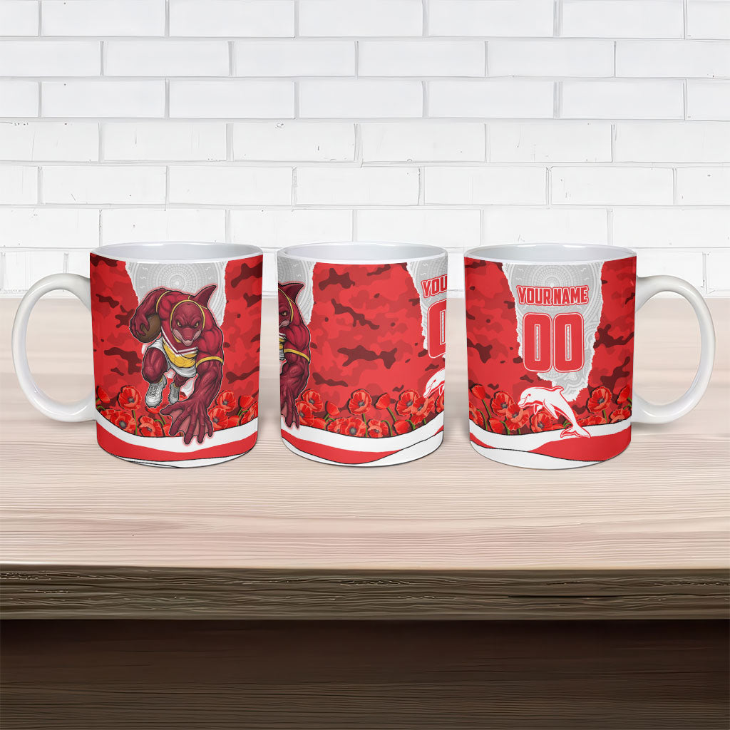 Personalized Dolphins ANZAC Tribute Ceramic Mug Poppy Field Soldier Silhouette Aboriginal Rugby Mascot