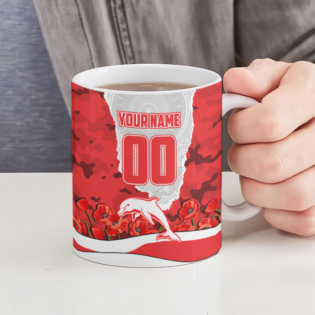 Personalized Dolphins ANZAC Tribute Ceramic Mug Poppy Field Soldier Silhouette Aboriginal Rugby Mascot