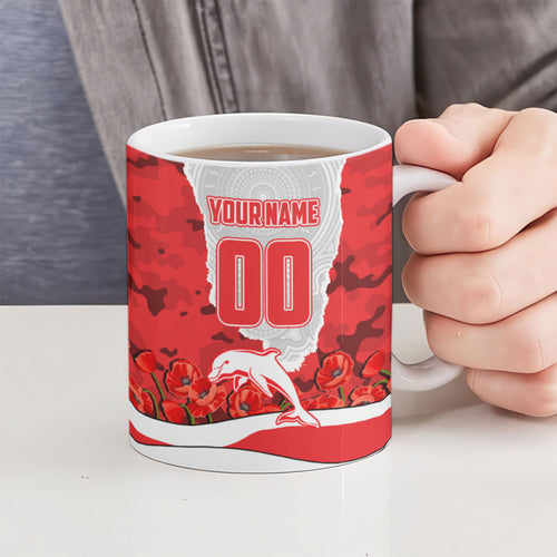 Personalized Dolphins ANZAC Tribute Ceramic Mug Poppy Field Soldier Silhouette Aboriginal Rugby Mascot