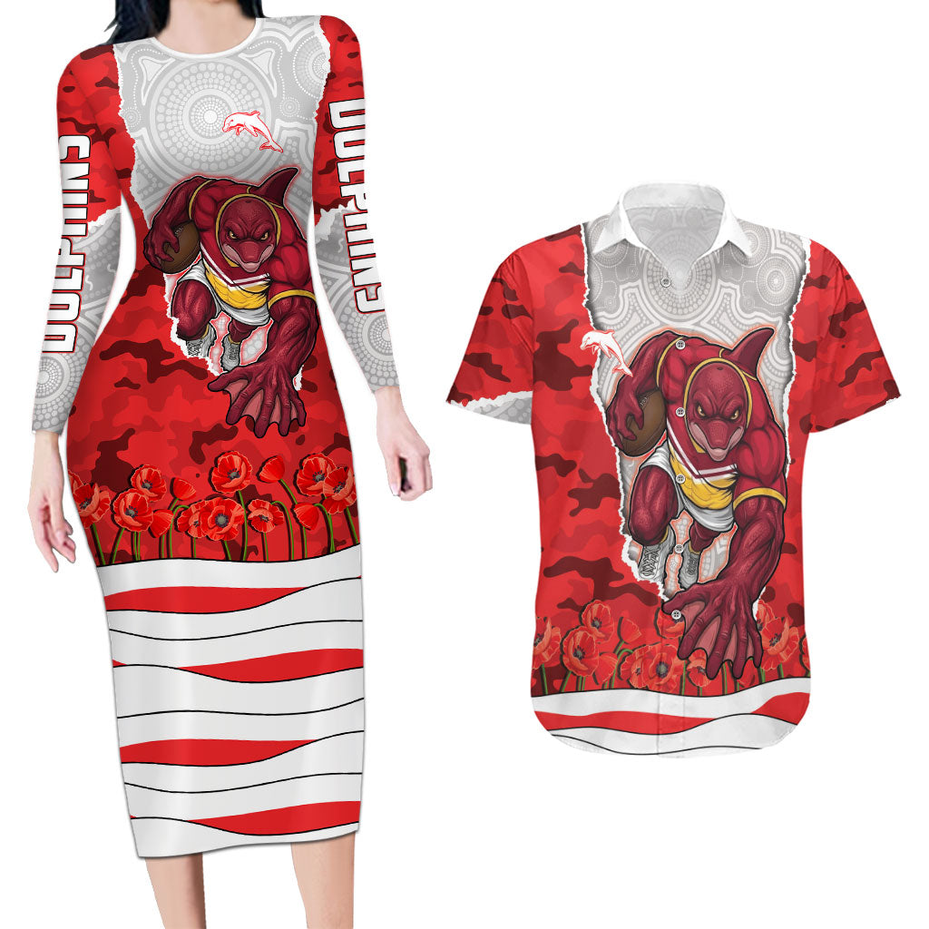 Personalized Dolphins ANZAC Tribute Couples Matching Long Sleeve Bodycon Dress and Hawaiian Shirt Poppy Field Soldier Silhouette Aboriginal Rugby Mascot