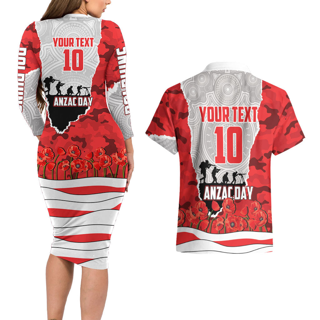 Personalized Dolphins ANZAC Tribute Couples Matching Long Sleeve Bodycon Dress and Hawaiian Shirt Poppy Field Soldier Silhouette Aboriginal Rugby Mascot