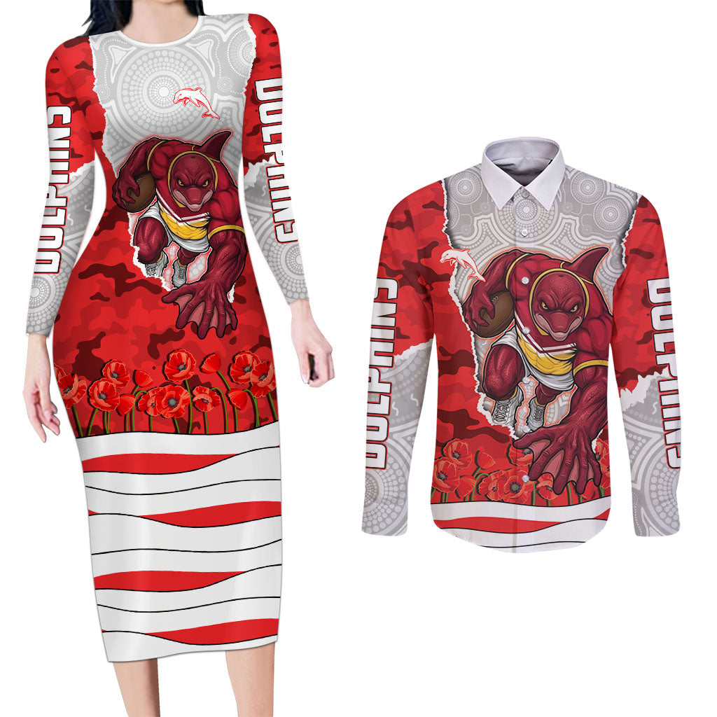 Personalized Dolphins ANZAC Tribute Couples Matching Long Sleeve Bodycon Dress and Long Sleeve Button Shirt Poppy Field Soldier Silhouette Aboriginal Rugby Mascot