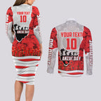 Personalized Dolphins ANZAC Tribute Couples Matching Long Sleeve Bodycon Dress and Long Sleeve Button Shirt Poppy Field Soldier Silhouette Aboriginal Rugby Mascot