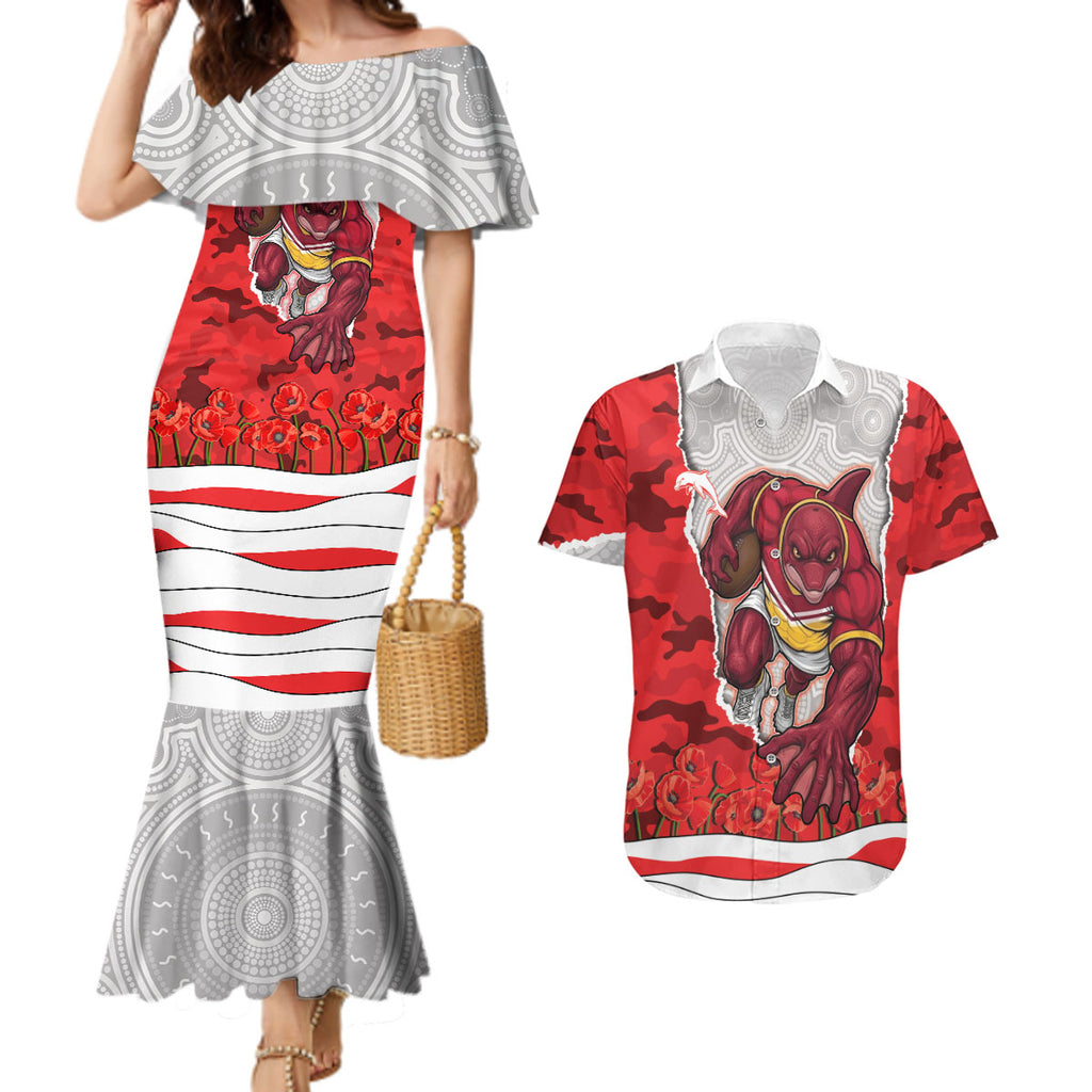 Personalized Dolphins ANZAC Tribute Couples Matching Mermaid Dress and Hawaiian Shirt Poppy Field Soldier Silhouette Aboriginal Rugby Mascot