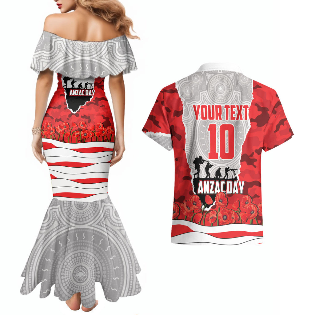 Personalized Dolphins ANZAC Tribute Couples Matching Mermaid Dress and Hawaiian Shirt Poppy Field Soldier Silhouette Aboriginal Rugby Mascot