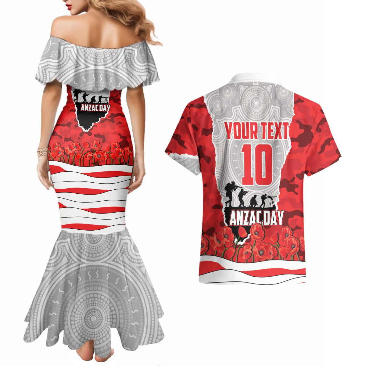 Personalized Dolphins ANZAC Tribute Couples Matching Mermaid Dress and Hawaiian Shirt Poppy Field Soldier Silhouette Aboriginal Rugby Mascot