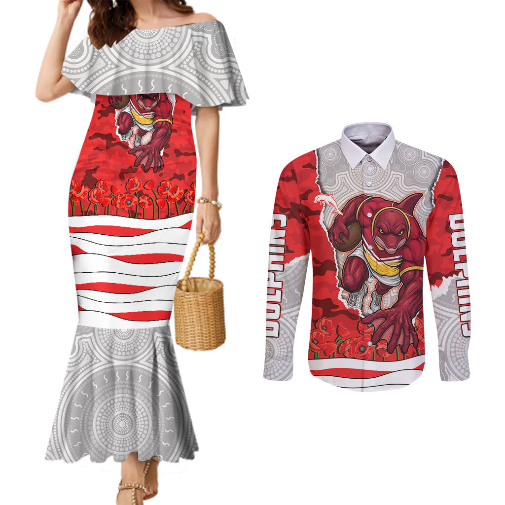 Personalized Dolphins ANZAC Tribute Couples Matching Mermaid Dress and Long Sleeve Button Shirt Poppy Field Soldier Silhouette Aboriginal Rugby Mascot