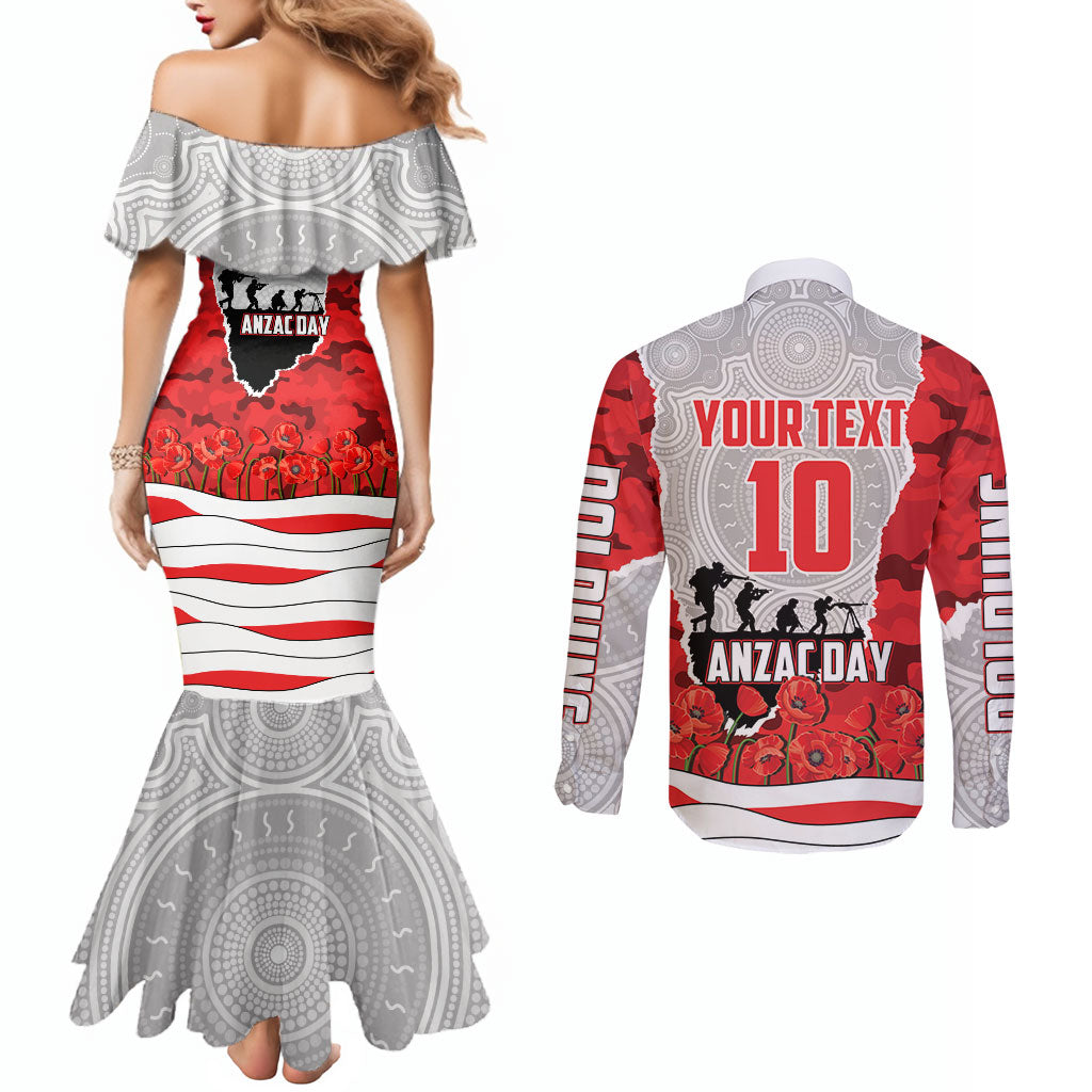 Personalized Dolphins ANZAC Tribute Couples Matching Mermaid Dress and Long Sleeve Button Shirt Poppy Field Soldier Silhouette Aboriginal Rugby Mascot