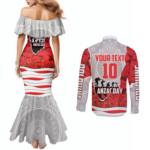 Personalized Dolphins ANZAC Tribute Couples Matching Mermaid Dress and Long Sleeve Button Shirt Poppy Field Soldier Silhouette Aboriginal Rugby Mascot