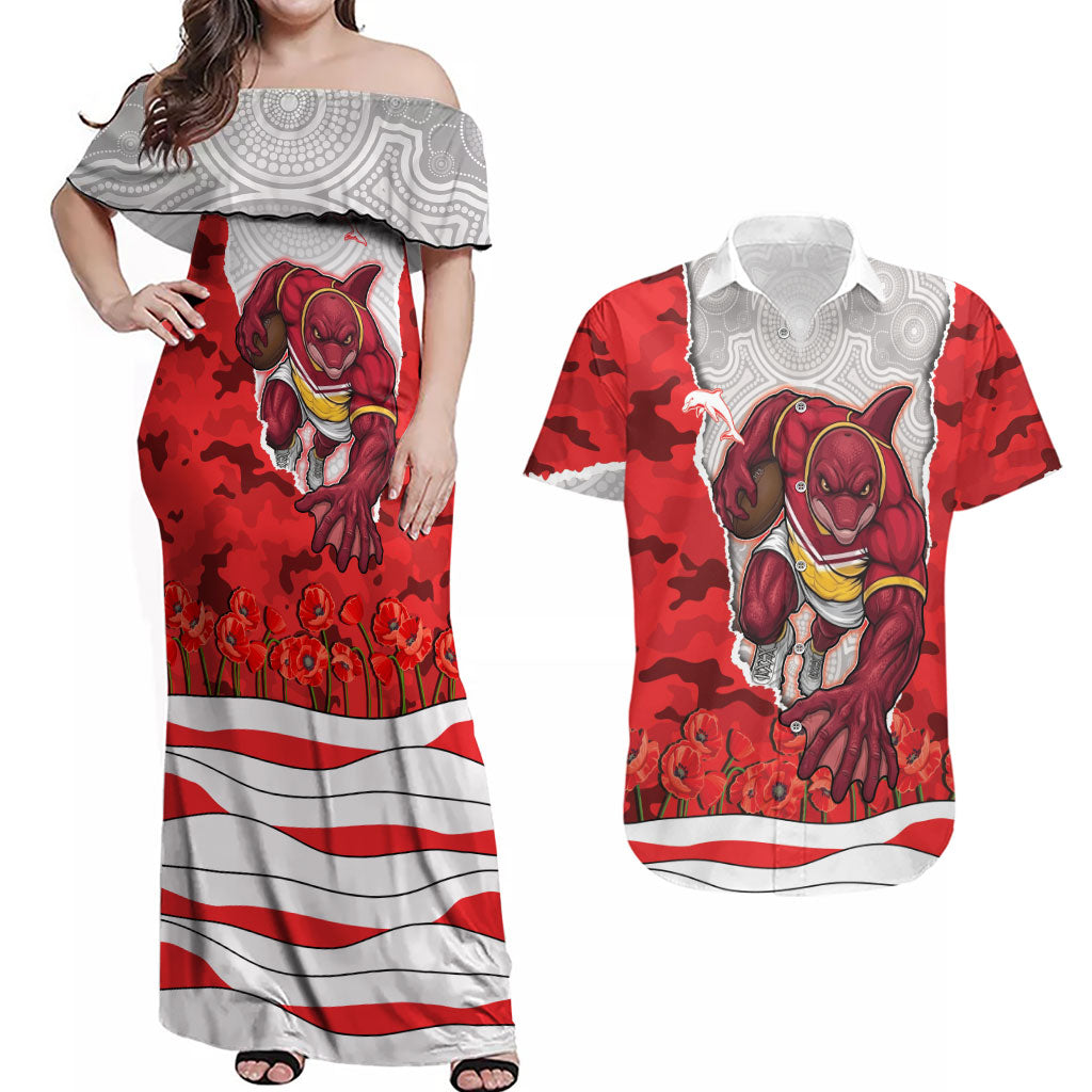 Personalized Dolphins ANZAC Tribute Couples Matching Off Shoulder Maxi Dress and Hawaiian Shirt Poppy Field Soldier Silhouette Aboriginal Rugby Mascot