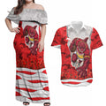 Personalized Dolphins ANZAC Tribute Couples Matching Off Shoulder Maxi Dress and Hawaiian Shirt Poppy Field Soldier Silhouette Aboriginal Rugby Mascot