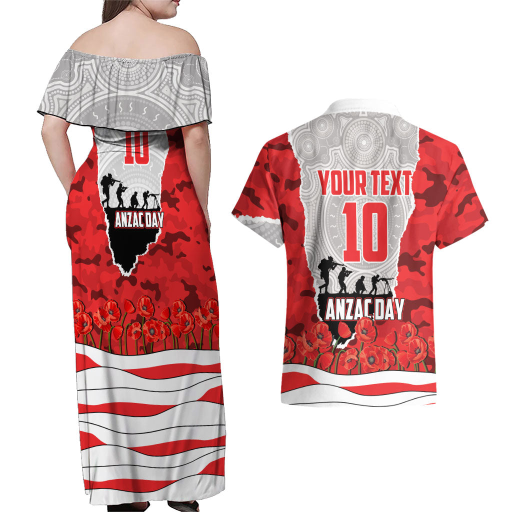 Personalized Dolphins ANZAC Tribute Couples Matching Off Shoulder Maxi Dress and Hawaiian Shirt Poppy Field Soldier Silhouette Aboriginal Rugby Mascot