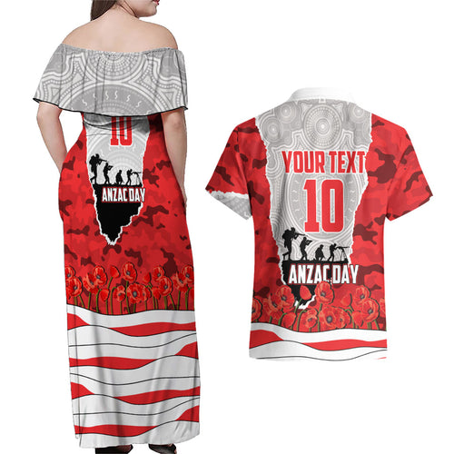 Personalized Dolphins ANZAC Tribute Couples Matching Off Shoulder Maxi Dress and Hawaiian Shirt Poppy Field Soldier Silhouette Aboriginal Rugby Mascot