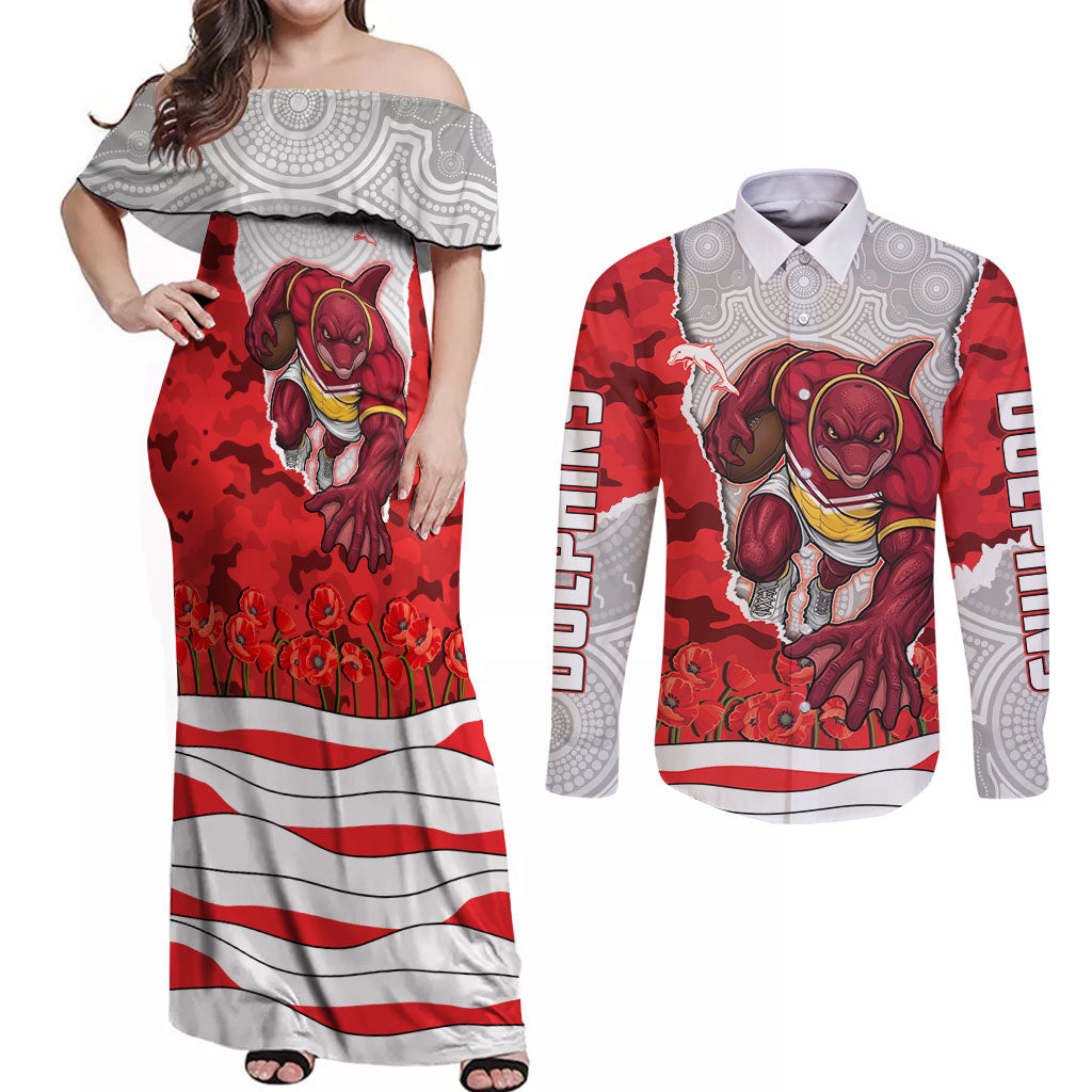 Personalized Dolphins ANZAC Tribute Couples Matching Off Shoulder Maxi Dress and Long Sleeve Button Shirt Poppy Field Soldier Silhouette Aboriginal Rugby Mascot